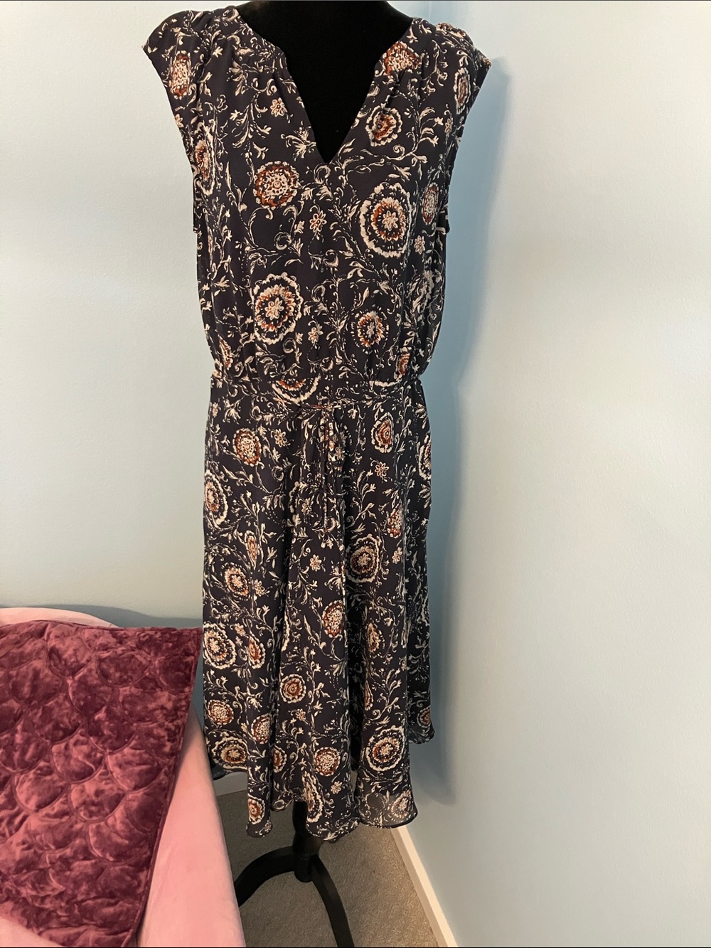 Ann Taylor Navy Floral Midi Dress with Cream & Rust Accents